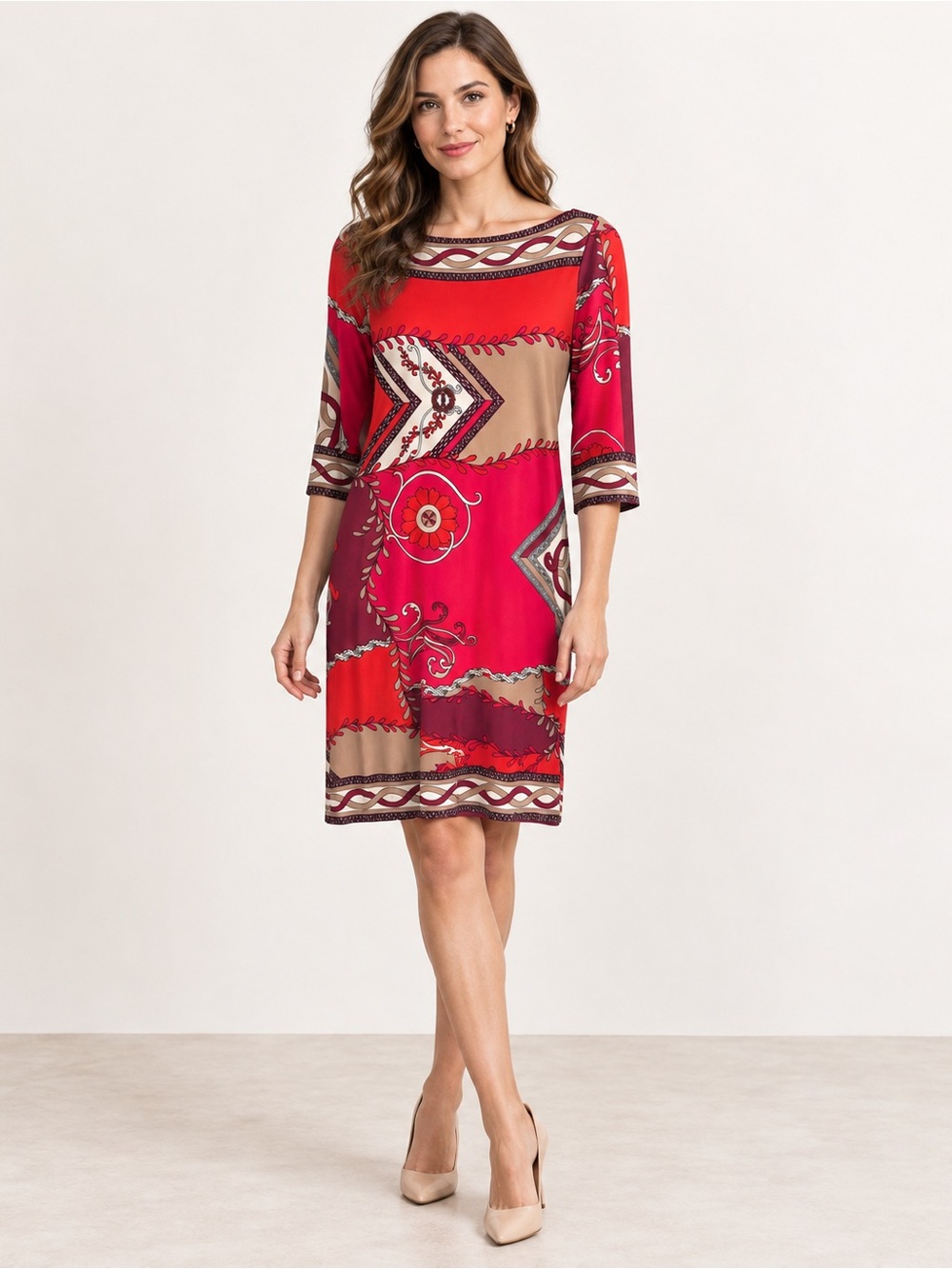 Harold’s Pink Red Geometric Print Stretch Sheath Dress Size 6